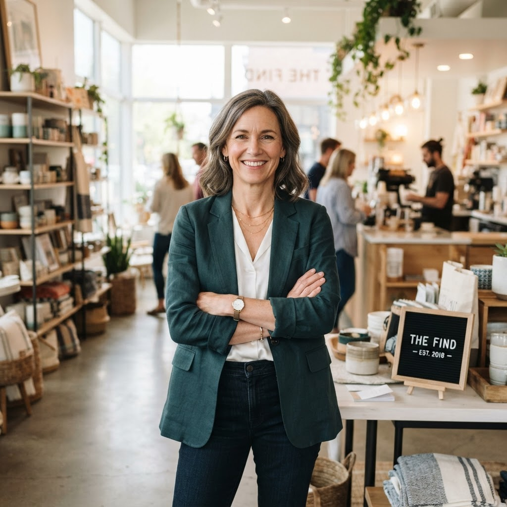 Small business owner standing confidently in her shop